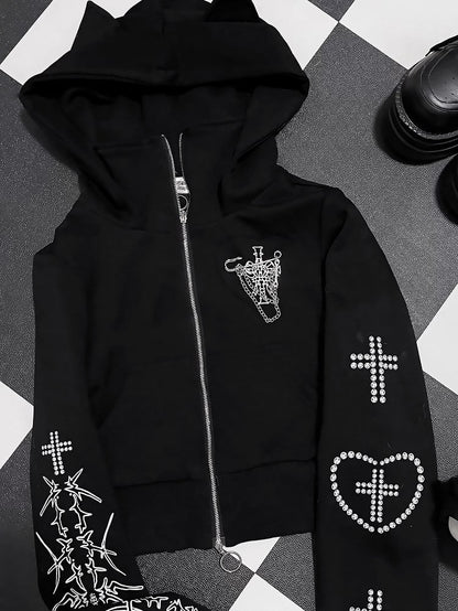 Black Bittersweet Cross And Heart Design Cat Ear Hooded Jacket