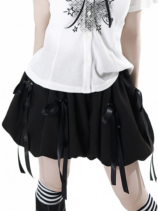 Black Elastic Waist Bubble Skirt with Bowknot Brooches