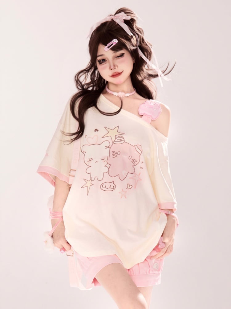 Cartoon Kitty Print Pink/Blue/Black Asymmetrical Neckline T-shirt