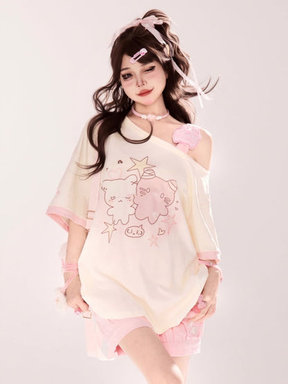 Cartoon Kitty Print Pink/Blue/Black Asymmetrical Neckline T-shirt