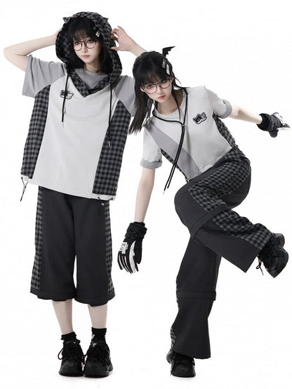 Clearance-Size M for Waist 66CM Black Plaid Zip Cuffs Techwear Two Ways Wear Pants/Shorts with Snap Belt