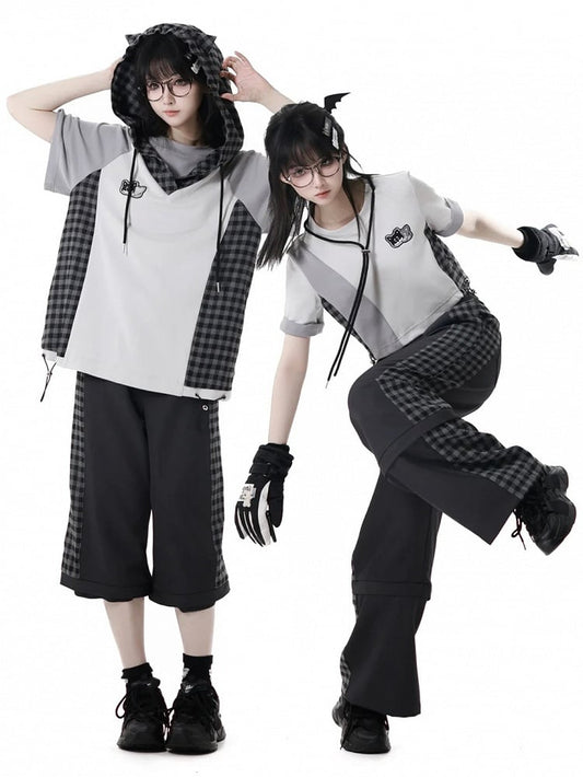 Clearance-Size M for Waist 66CM Black Plaid Zip Cuffs Techwear Two Ways Wear Pants/Shorts with Snap Belt