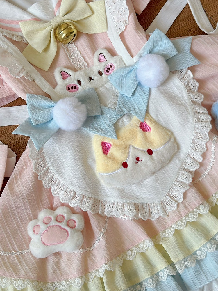 Pastel Color Sailor Collar Sweet Kitty Maid Lolita Dress with Heart Apron