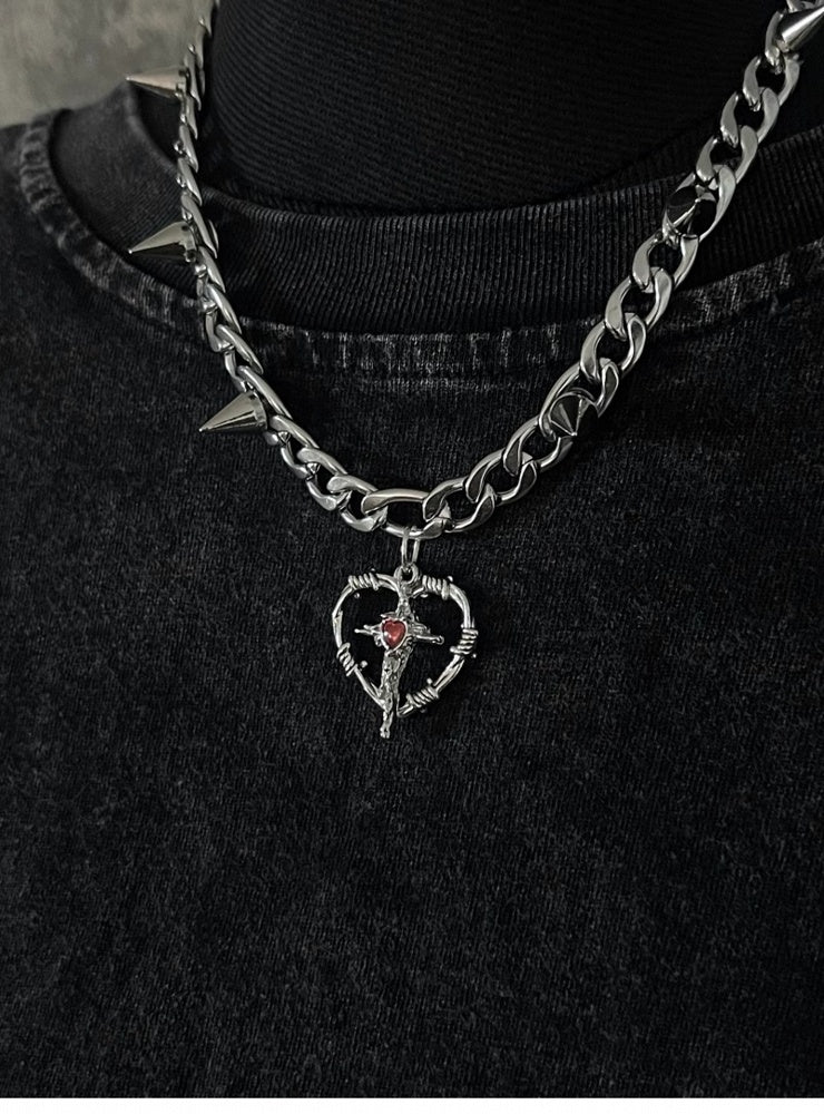 Silver Cross Heart-shaped Pendant Studded Necklace