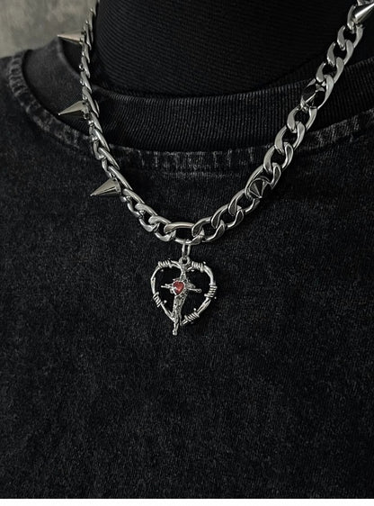 Silver Cross Heart-shaped Pendant Studded Necklace