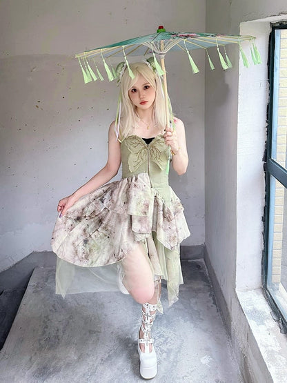 Summer Fairycore Handkerchief Hem Dress Green Butterfly Design Bodice