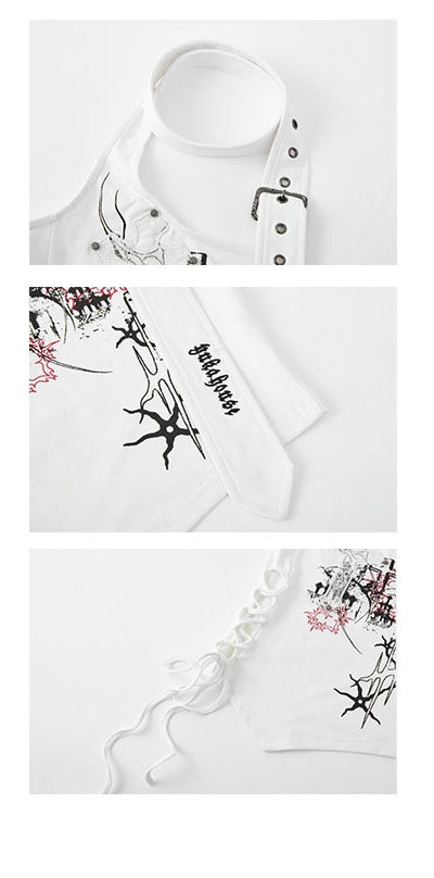 Clearance-Size S Bust for 68cm Cross Applique White Halter Neck Top Lace-up Detail