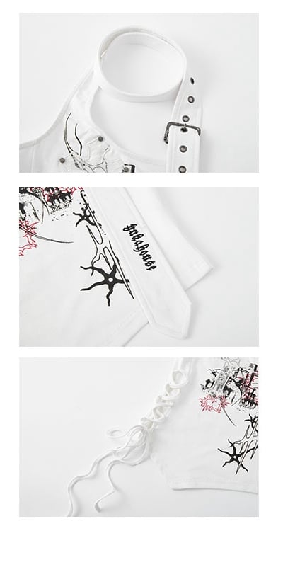 Cross Applique White Halter Neck Top Lace-up Detail