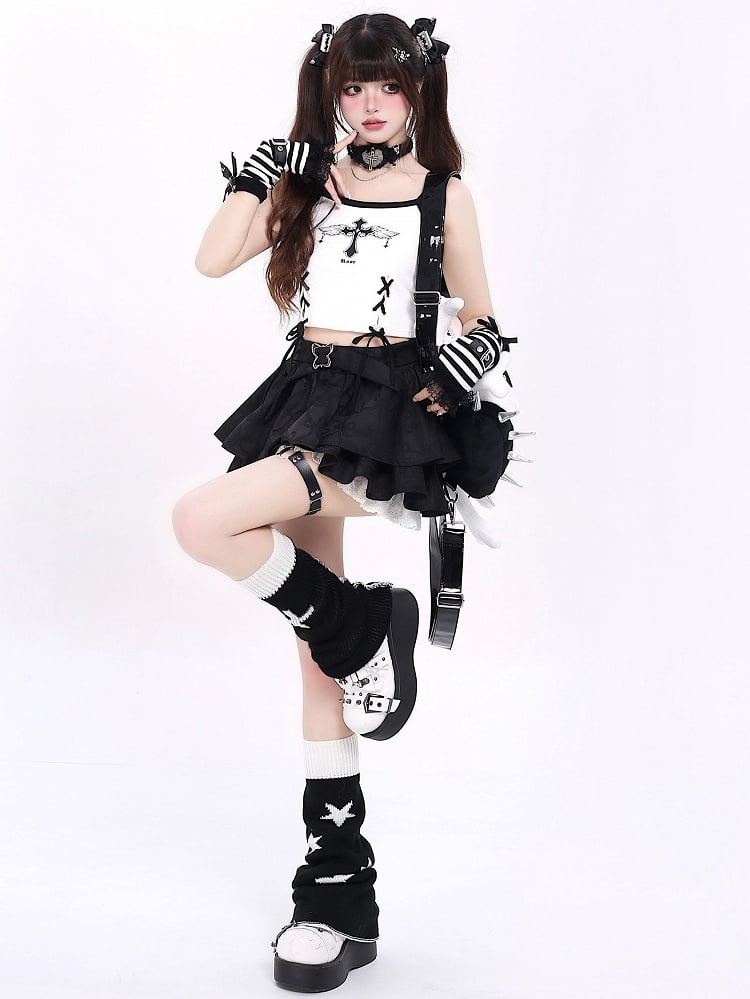 Black Bowknots Pattern Tiered Skirt