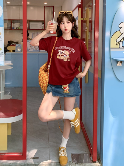 Cartoon Bear Print Wine Red Round Neck Loose T-shirt
