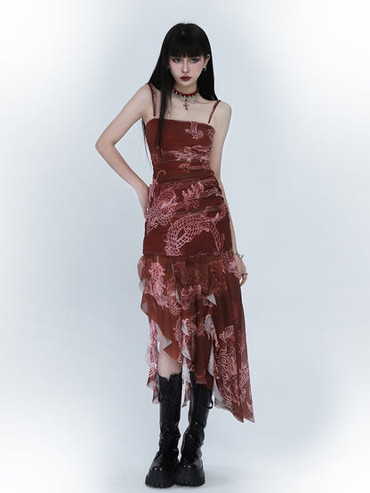 Red Dragon Print Asymmetrical Hem Slim-fitting Dress