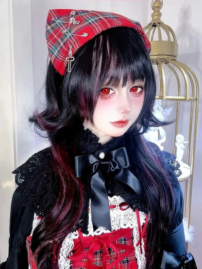 Cross and Pins Red Plaid Goth Punk Triangle Scarf KC