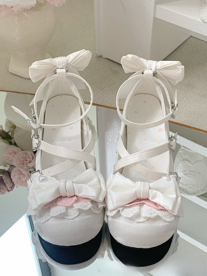 White Crisscross Design Bow at Top Heart Buckles Sweet Lolita Shoes With Dual Detachable Buckle Ankle Straps