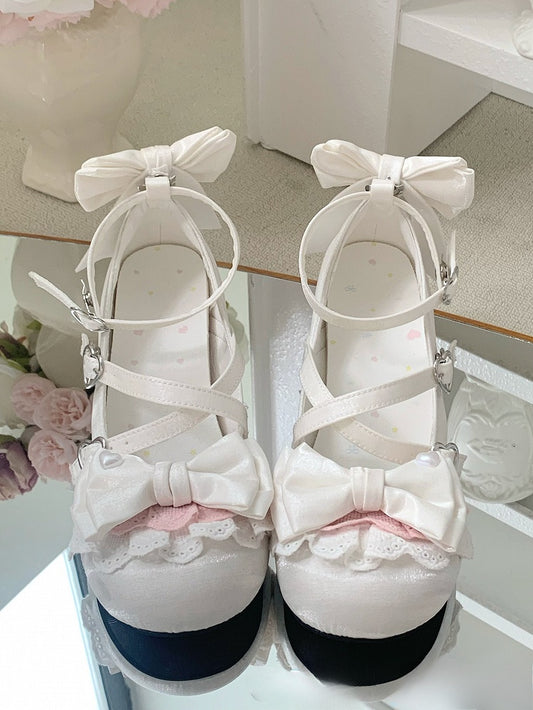 White Crisscross Design Bow at Top Heart Buckles Sweet Lolita Shoes With Dual Detachable Buckle Ankle Straps