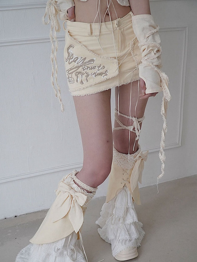 Fleece Star Patch Beige Asymmetrical Skort Frayed Hem