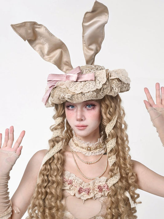 Vintage Pink Bow Decorated Cream Sweet Bunny Ears Hat