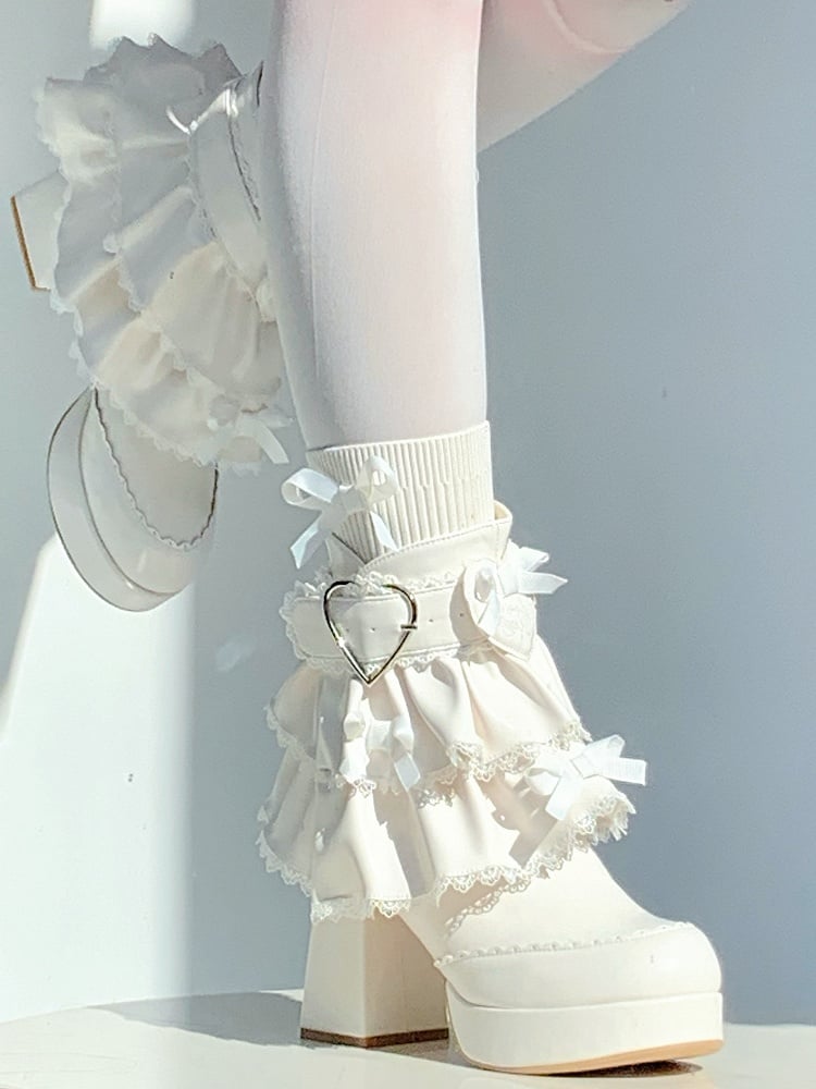 PU White Sweet Lolita High Block Heel Boots - Heart Buckle with Detachable Tiered Ruffles & Bow Details