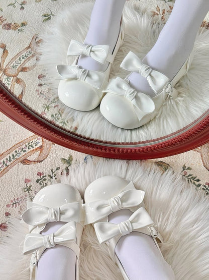 Beige Bow Accents Point Toe Sweet Lolita Block Heels