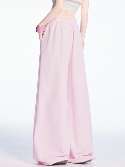 Adorable Print Pink Drawstring Waist Wide-Leg Casual Pants