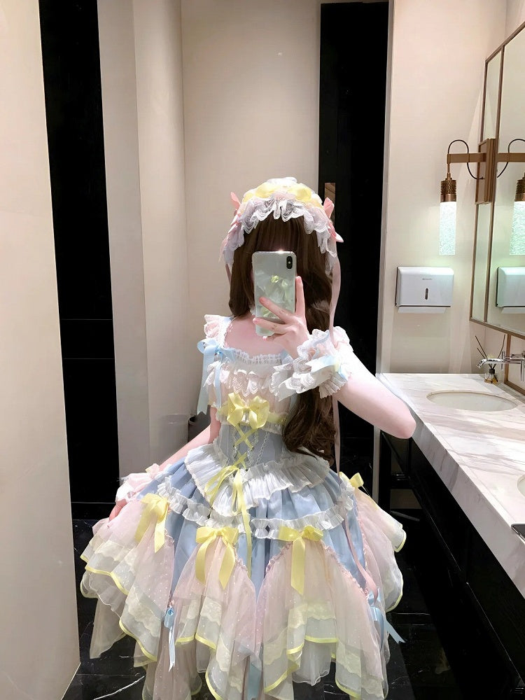 Blue and Yellow Basque Waist Fairycore Lolita Jumper Skirt with Layered Handkerchief Hem