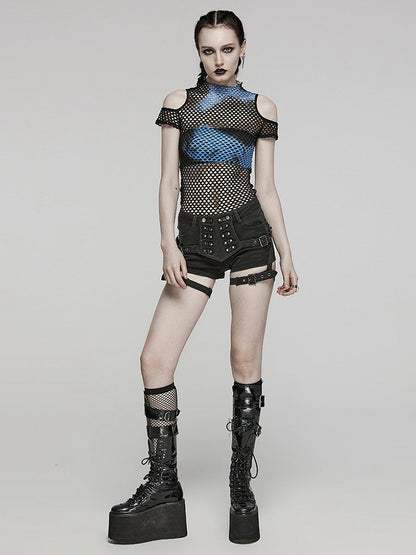 Black and Blue Punk Tie-dyed Mesh Short Sleeve T-shirt