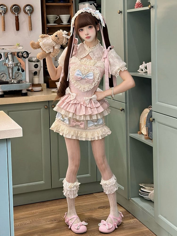 Pink and Blue Bow Accents Sweet Lolita Full Set - Cami Top + Skirt + Puff Sleeves Cropped Top
