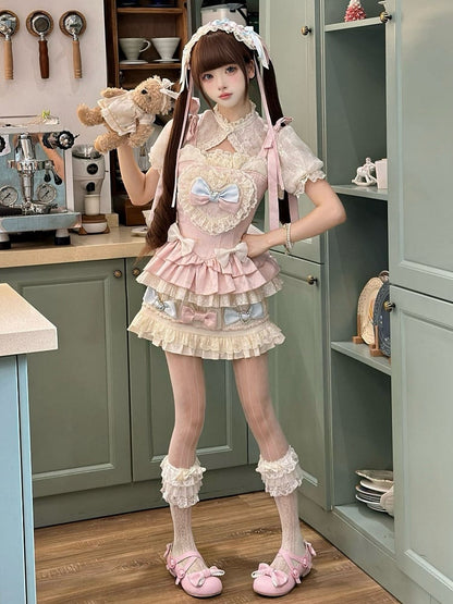 Pink and Blue Bow Accents Sweet Lolita Full Set - Cami Top + Skirt + Puff Sleeves Cropped Top