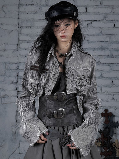 Brown Wasteland Punk Skeleton And Buckle Decorated Stripes Pattern Cropped Jacket