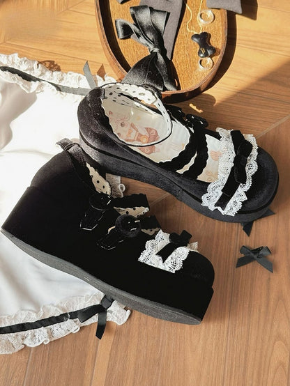 Lace Trim Bowknot at Top Velvet Black Buckle Straps Platforms