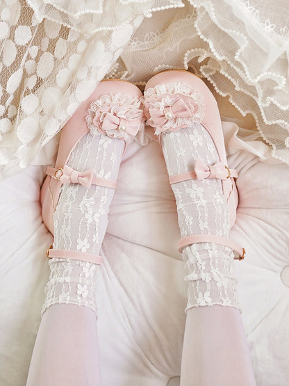 Baby Pink Bow at Top Lace Trim Heart Buckles Round Toe Lolita Shoes