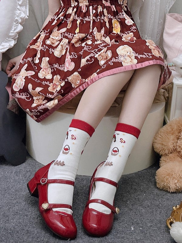 4 Options White Calf Socks With Apple and Floral Print