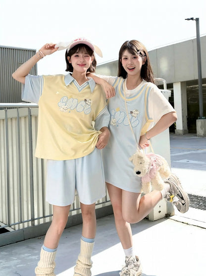 Cute Puppy Embroidery Apricot/Blue Colorblock Design Loose T-shirt Faux Two-pieces