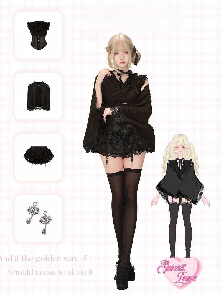 Black Tiered Lace Skirt with Key Charm Accents