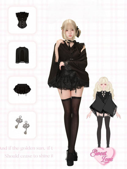 Black Tiered Lace Skirt with Key Charm Accents