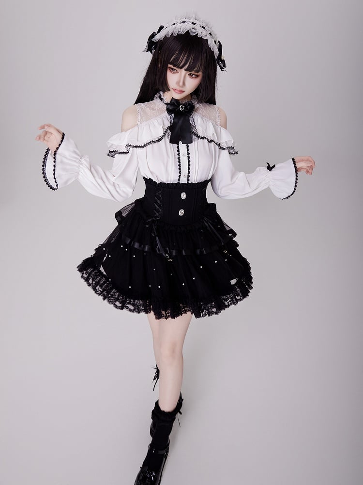 Allover Bead Black High Waist Jirai Kei Skirt with Lace Up and Shirring Waist