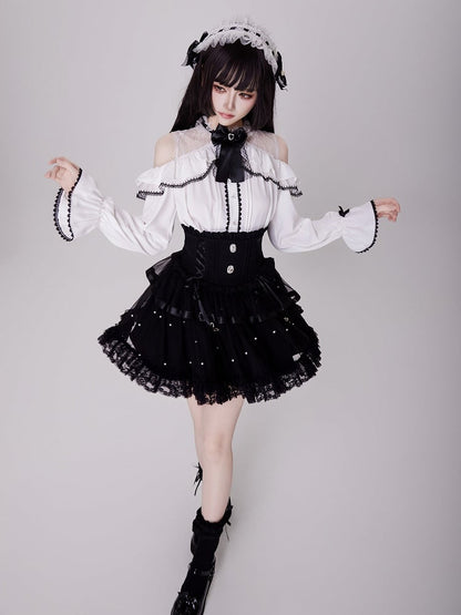 Allover Bead Black High Waist Jirai Kei Skirt with Lace Up and Shirring Waist