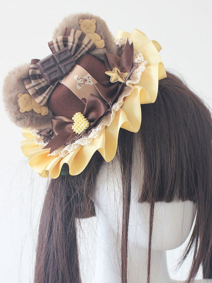 6 Color Options Chocolate Decorated Bowknot Details Plush Bear Ear Mini Hat