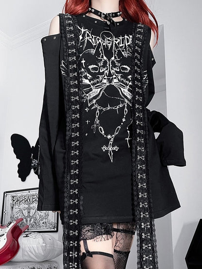 Black&White Emo Punk Cutout Shoulder Skeleton And Letter Print Long Sleeves Top