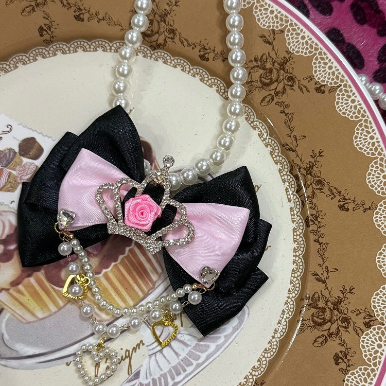 Black/Pink Rhinestone Crown Decorated Bowknot And Heart Pendant Beaded Necklace
