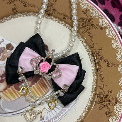 Black/Pink Rhinestone Crown Decorated Bowknot And Heart Pendant Beaded Necklace