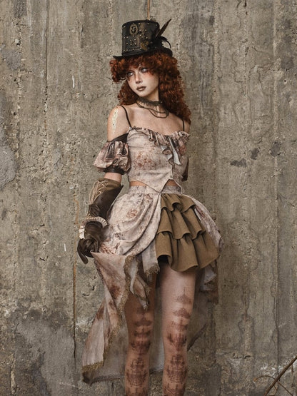 Clearance - Size M for Bust 82-90cm Pictorial Print Neckline Summer Cami Top with Detachable Puff Sleeves