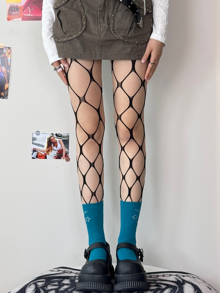 Black/Rose Red Y2K Cut-out Design Fishnet Tights