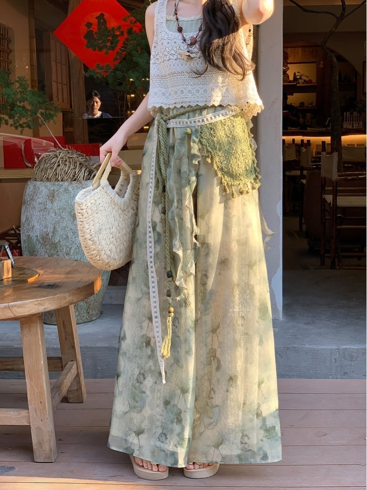 Mori Kei Green Tie Dye Wide-Leg Pants with Detachable Knitted Accessory Regular/Short Version