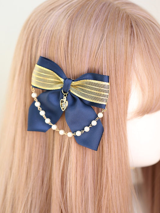 Cute Dark Blue and Gold Bowknot Hairclip with Bead Chain and Heart Charm