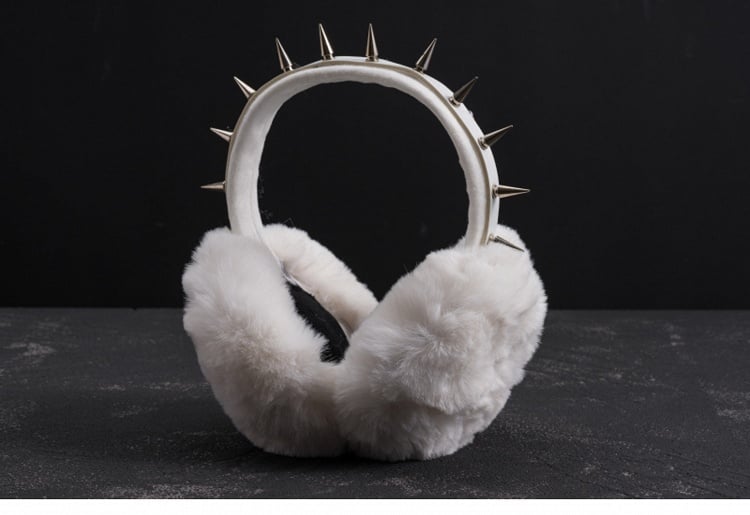 White Handmade PU Studded Plush Earmuffs