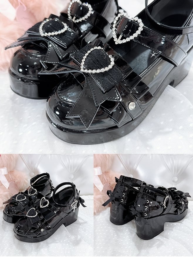 Jirai Kei Polished Black Rhinestone Heart Decorated Lace-up Details Platform High Block Heels
