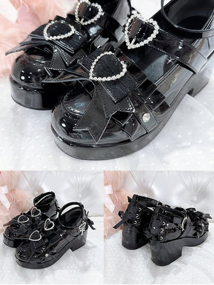 Jirai Kei Polished Black Rhinestone Heart Decorated Lace-up Details Platform High Block Heels