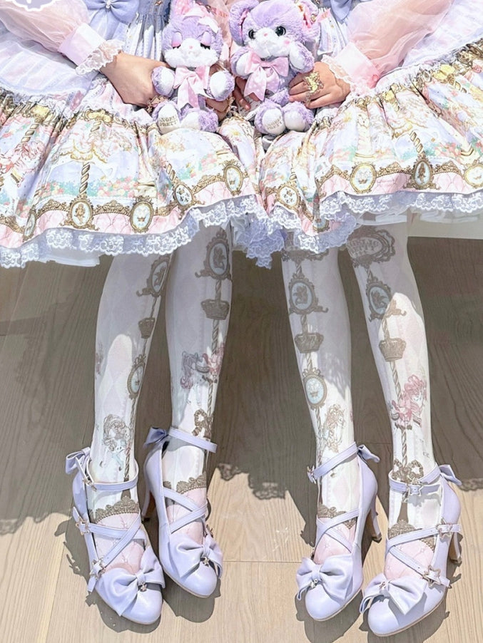 Purple Bow at Top Star Buckle Straps High Heels