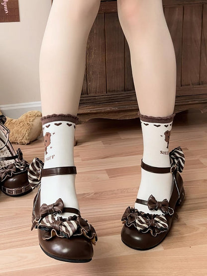 Dark Brown Striped Pattern Bowknot Details Heart Buckle Lolita Shoes