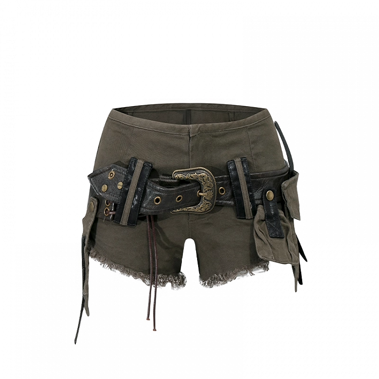 Brown Low Rise Faded Wash Raw Hem Denim Shorts with Buckle Belt